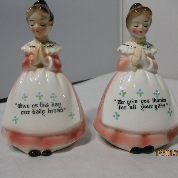 Vintage Enesco Praying Girls Ladies Salt & Pepper Pink Dresses. Give us This Day - Picture 1 of 11